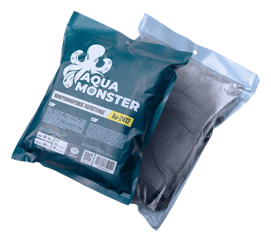 Au-2417 AQUA MONSTER Микрофибровое полотенце 60*90 см, чёрное, 1000гр/м2 для сушки авто Au-2417
