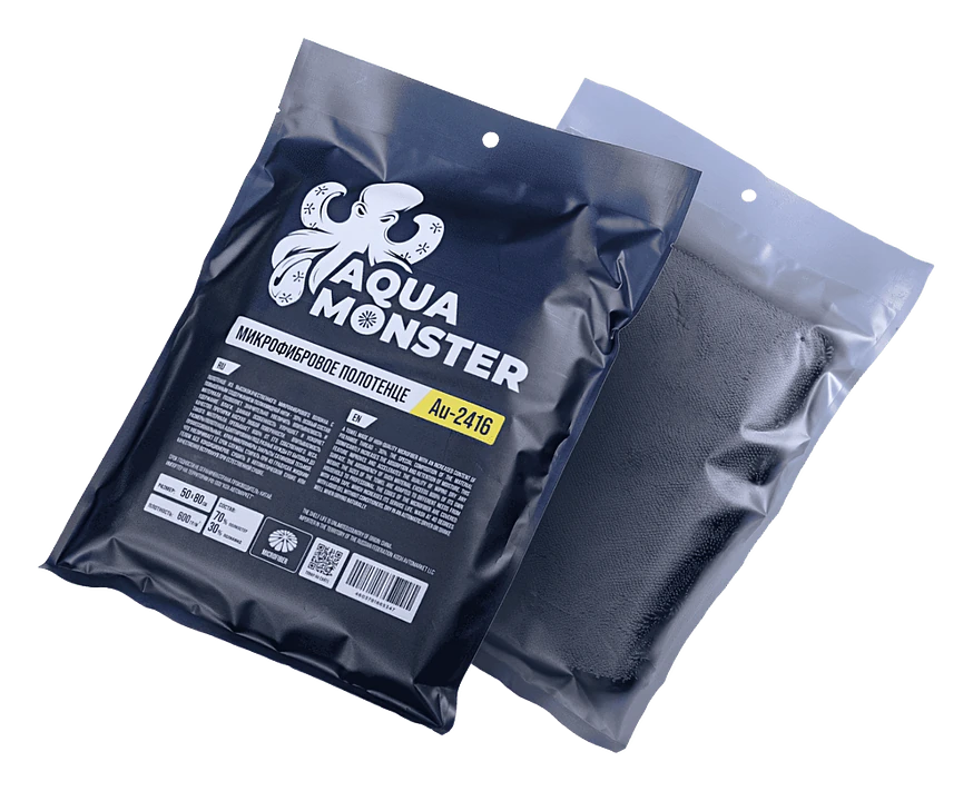 Au-2416 AQUA MONSTER Микрофибровое полотенце 50*80 см, чёрное, 600гр/м2 для сушки авто